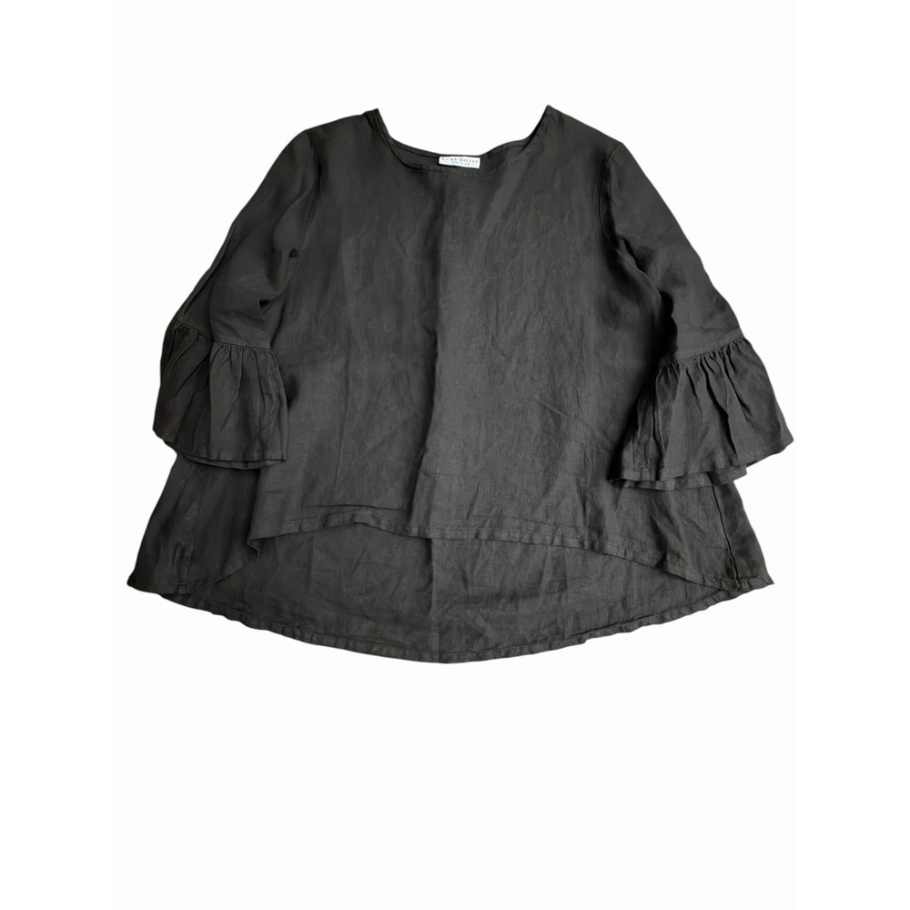 Bryn Walker Shirt Medium 100% Linen Ruffle Sleeve Blouse Lagenlook Black #AB4-5